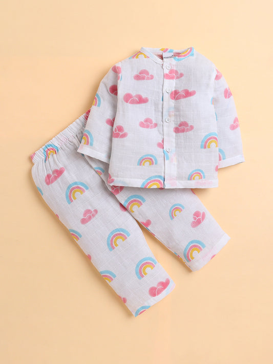Polka Tots Soft Muslin Cotton Full sleeves Rainbow Mist print Jhabla and Pant Set - Multicolor