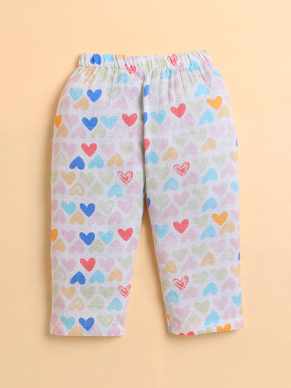 Polka Tots Soft Muslin Cotton Full sleeves Mini Hearts print Jhabla and Pant Set - Multicolor