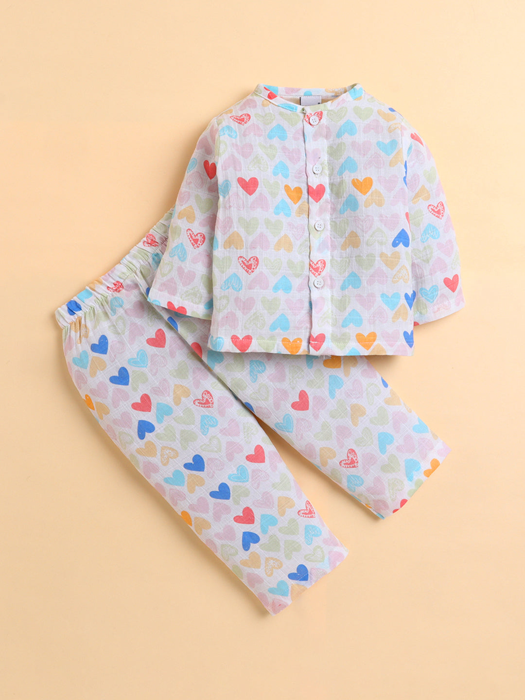 Polka Tots Soft Muslin Cotton Full sleeves Mini Hearts print Jhabla and Pant Set - Multicolor