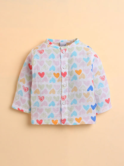 Polka Tots Soft Muslin Cotton Full sleeves Mini Hearts print Jhabla and Pant Set - Multicolor