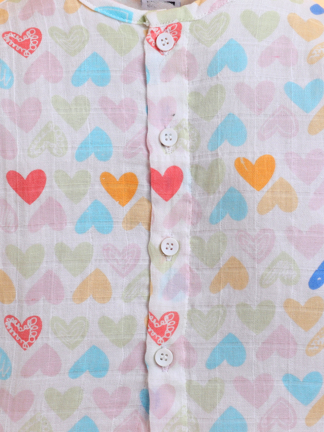 Polka Tots Soft Muslin Cotton Full sleeves Mini Hearts print Jhabla and Pant Set - Multicolor