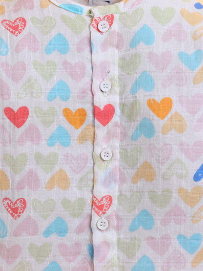 Polka Tots Soft Muslin Cotton Full sleeves Mini Hearts print Jhabla and Pant Set - Multicolor