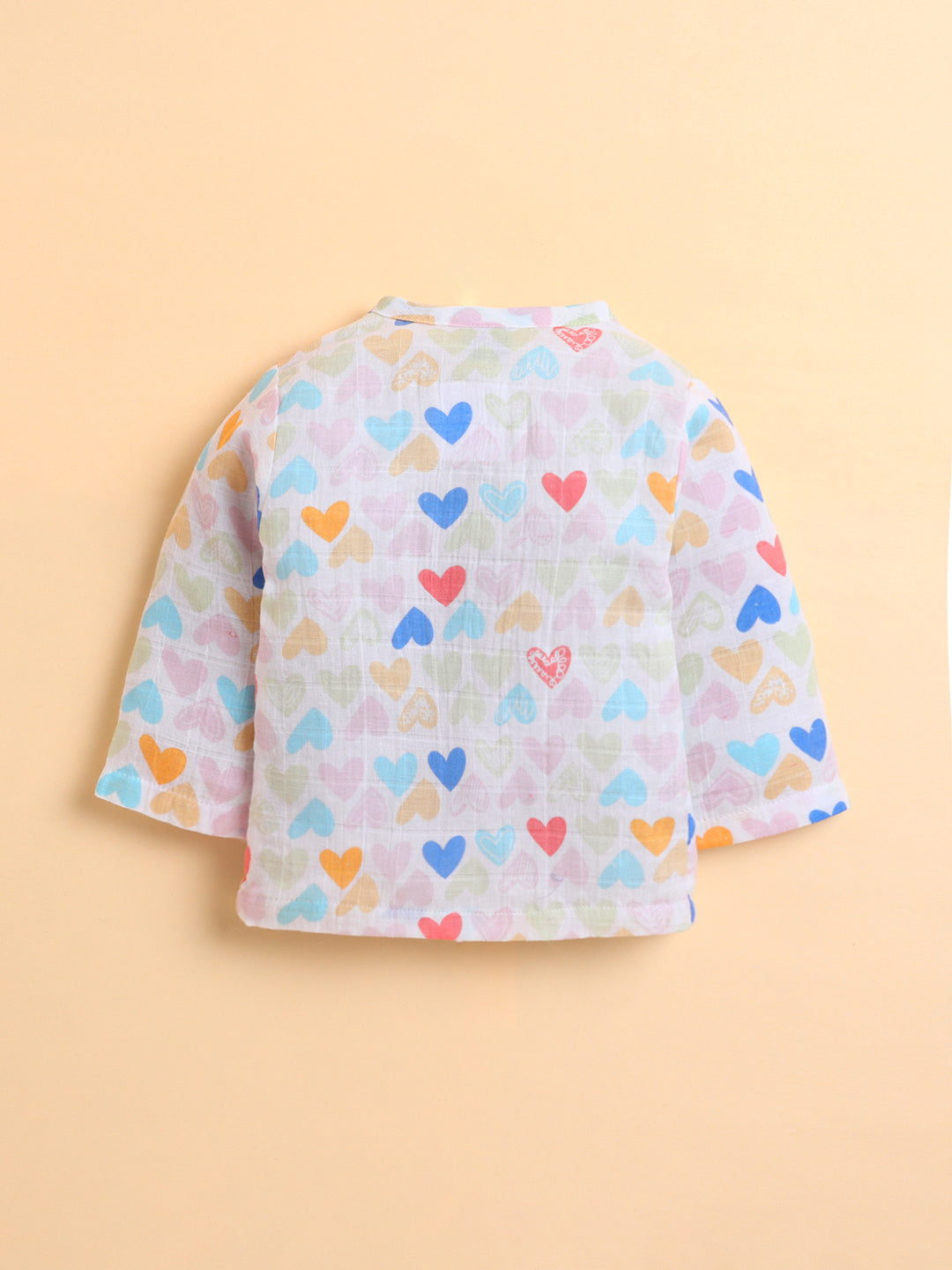 Polka Tots Soft Muslin Cotton Full sleeves Mini Hearts print Jhabla and Pant Set - Multicolor