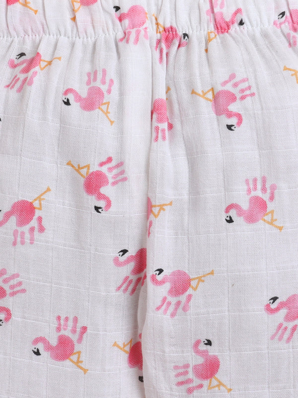 Polka Tots Soft Muslin Cotton Full sleeves Flamingo Fingers print Jhabla and Pant Set - White & Pink