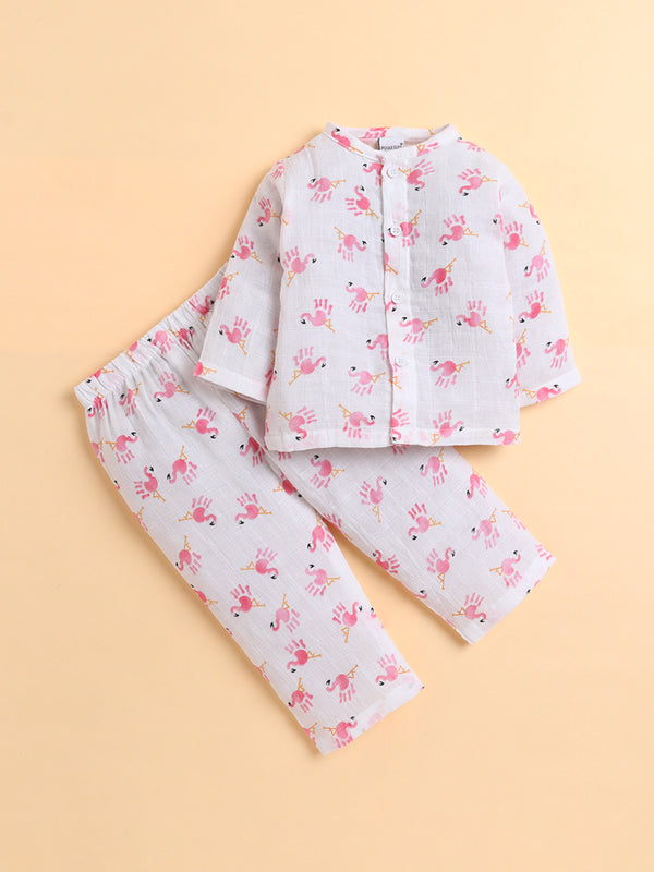 Polka Tots Soft Muslin Cotton Full sleeves Flamingo Fingers print Jhabla and Pant Set - White & Pink