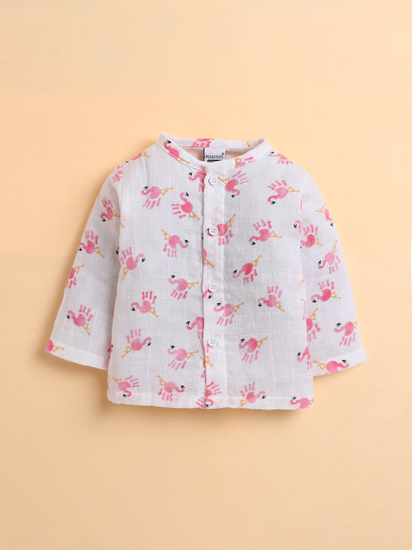 Polka Tots Soft Muslin Cotton Full sleeves Flamingo Fingers print Jhabla and Pant Set - White & Pink