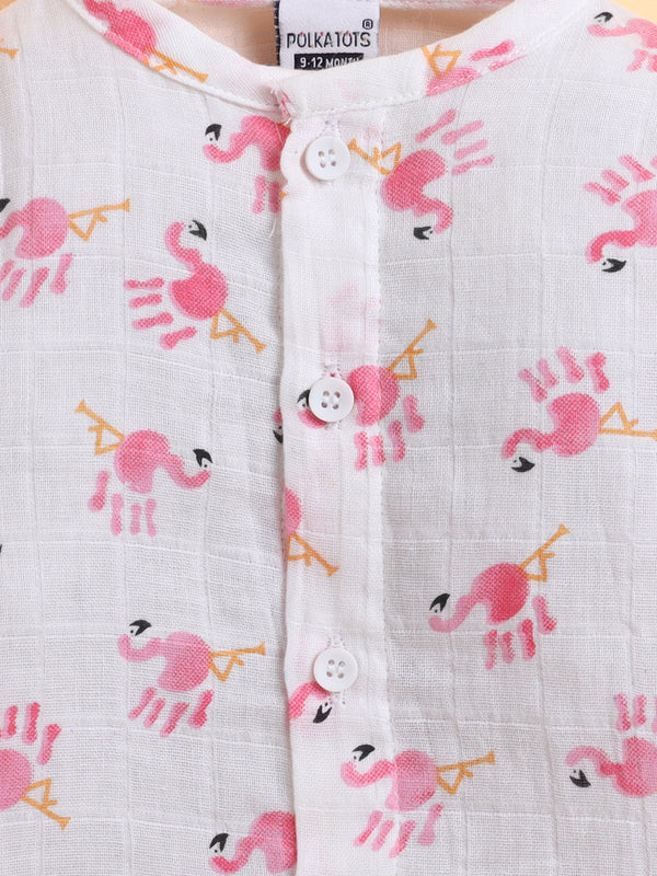 Polka Tots Soft Muslin Cotton Full sleeves Flamingo Fingers print Jhabla and Pant Set - White & Pink