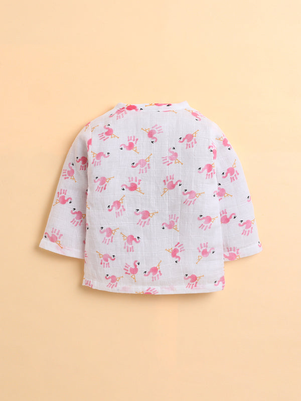 Polka Tots Soft Muslin Cotton Full sleeves Flamingo Fingers print Jhabla and Pant Set - White & Pink