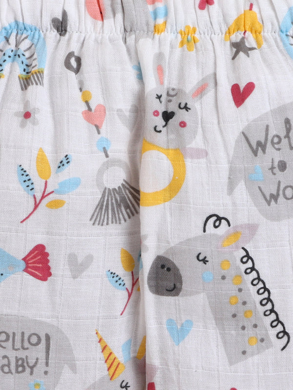 Polka Tots Soft Muslin Cotton Full sleeves Hello Baby print Jhabla and Pant Set - Multicolor