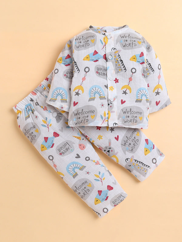 Polka Tots Soft Muslin Cotton Full sleeves Hello Baby print Jhabla and Pant Set - Multicolor
