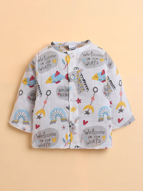 Polka Tots Soft Muslin Cotton Full sleeves Hello Baby print Jhabla and Pant Set - Multicolor