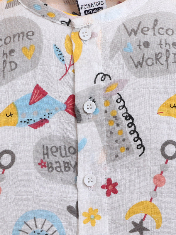 Polka Tots Soft Muslin Cotton Full sleeves Hello Baby print Jhabla and Pant Set - Multicolor