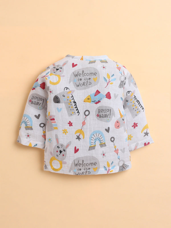 Polka Tots Soft Muslin Cotton Full sleeves Hello Baby print Jhabla and Pant Set - Multicolor