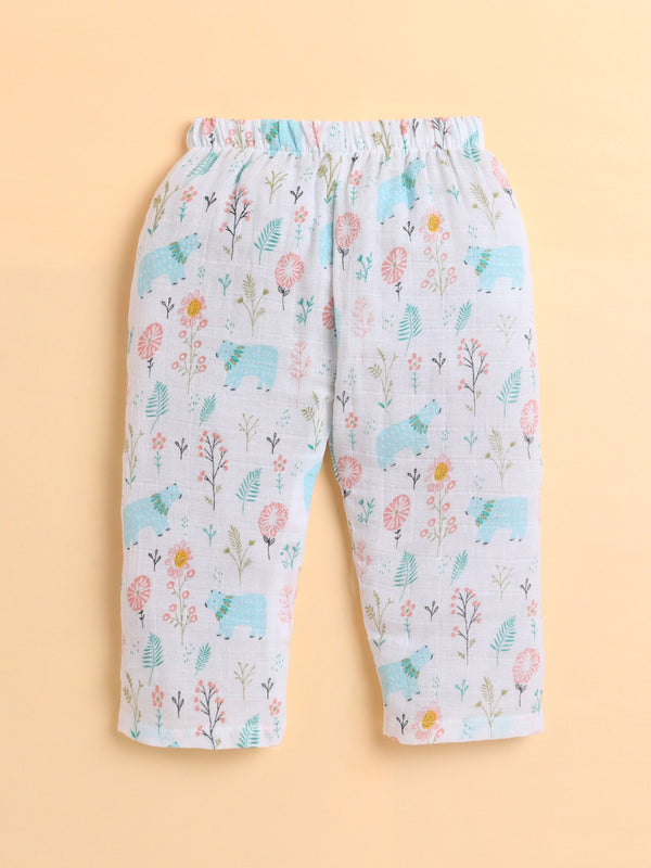 Polka Tots Soft Muslin Cotton Full sleeves Bloomy Bear Print Jhabla and Pant Set - Multicolor
