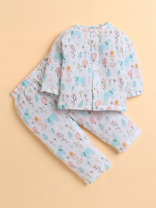 Polka Tots Soft Muslin Cotton Full sleeves Bloomy Bear Print Jhabla and Pant Set - Multicolor