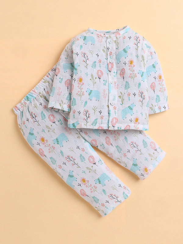 Polka Tots Soft Muslin Cotton Full sleeves Bloomy Bear Print Jhabla and Pant Set - Multicolor