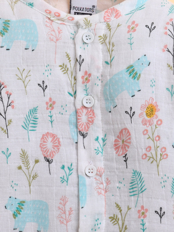 Polka Tots Soft Muslin Cotton Full sleeves Bloomy Bear Print Jhabla and Pant Set - Multicolor