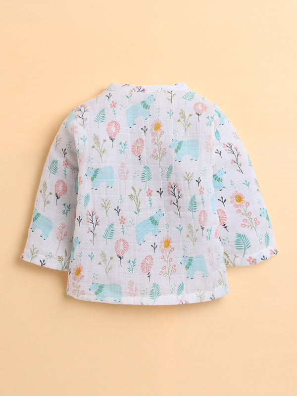 Polka Tots Soft Muslin Cotton Full sleeves Bloomy Bear Print Jhabla and Pant Set - Multicolor