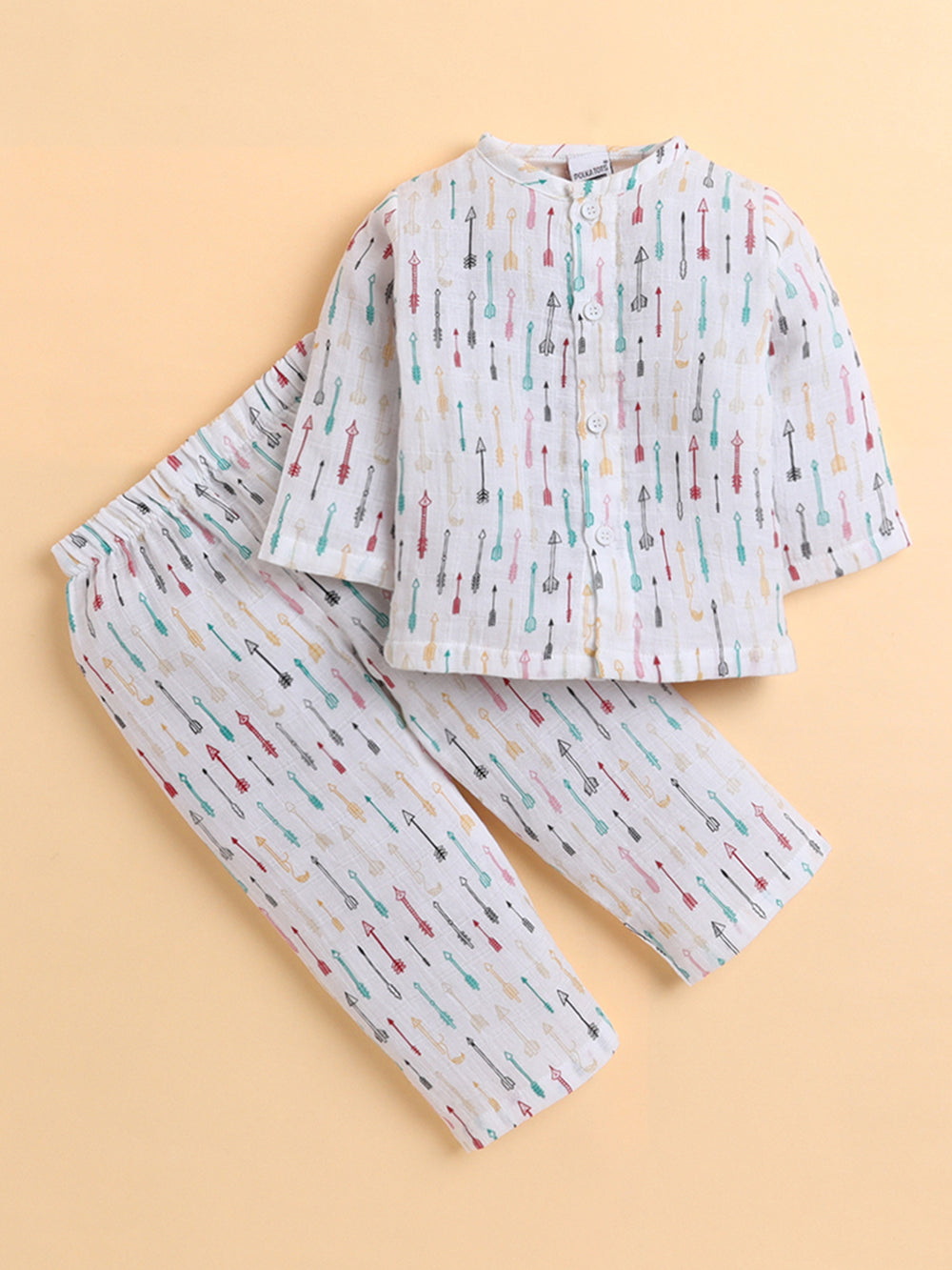 Polka Tots Soft Muslin Cotton Full sleeves Cupid Print Jhabla and Pant Set - Multicolor