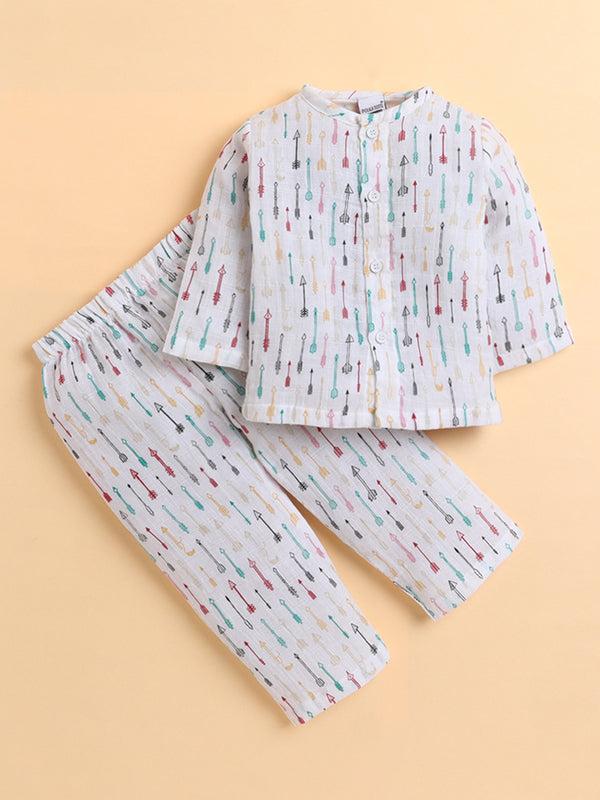 Polka Tots Soft Muslin Cotton Full sleeves Cupid Print Jhabla and Pant Set - Multicolor