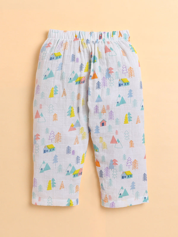 Polka Tots Soft Muslin Cotton Full sleeves Tiny Town Print Jhabla and Pant Set - Multicolor