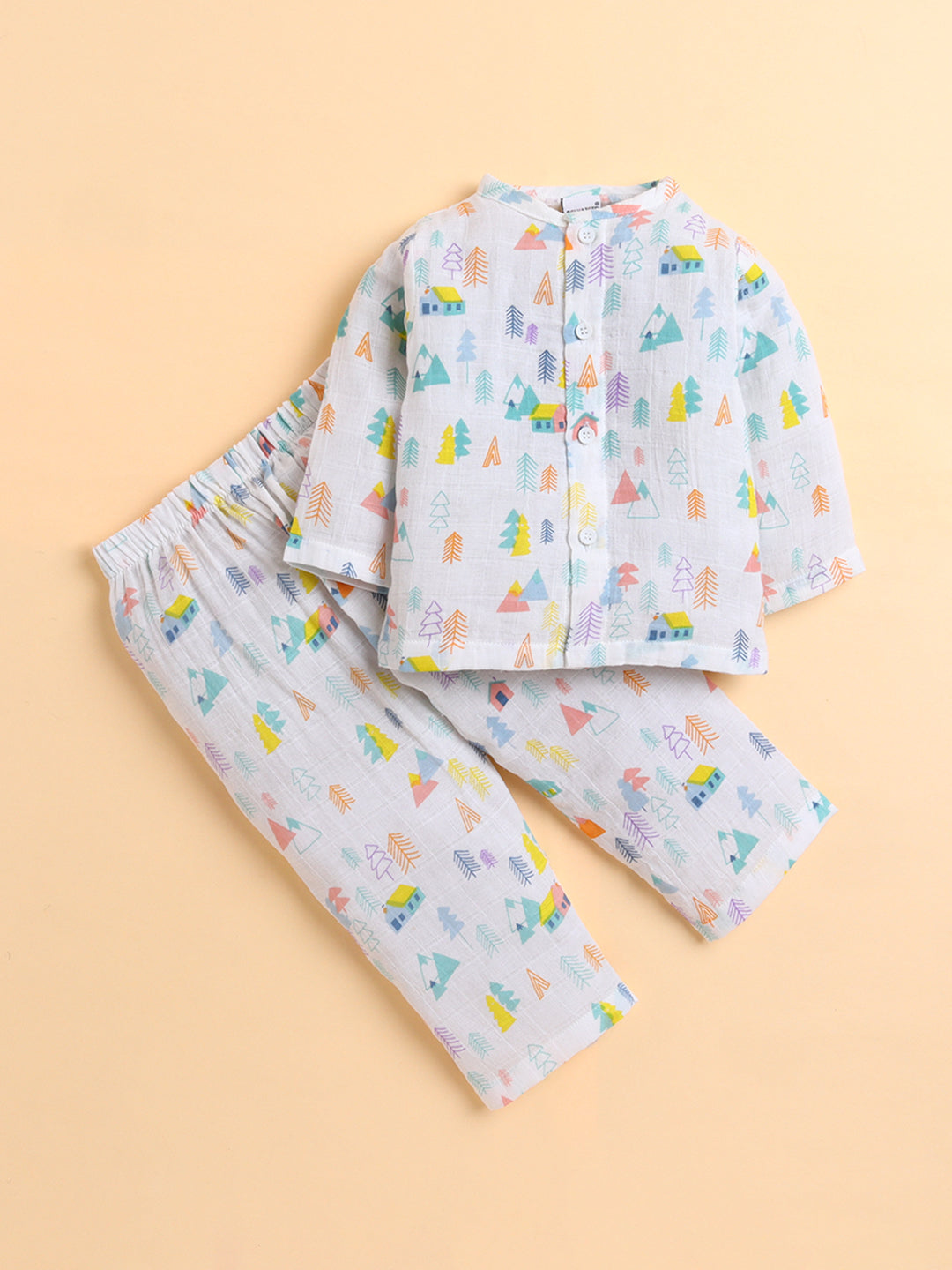 Polka Tots Soft Muslin Cotton Full sleeves Tiny Town Print Jhabla and Pant Set - Multicolor