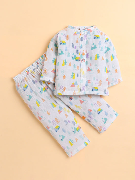 Polka Tots Soft Muslin Cotton Full sleeves Tiny Town Print Jhabla and Pant Set - Multicolor