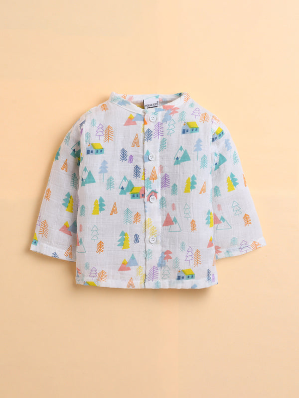 Polka Tots Soft Muslin Cotton Full sleeves Tiny Town Print Jhabla and Pant Set - Multicolor