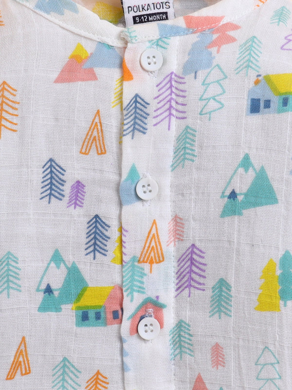 Polka Tots Soft Muslin Cotton Full sleeves Tiny Town Print Jhabla and Pant Set - Multicolor