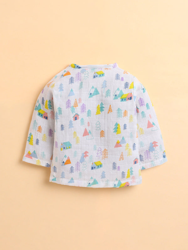 Polka Tots Soft Muslin Cotton Full sleeves Tiny Town Print Jhabla and Pant Set - Multicolor