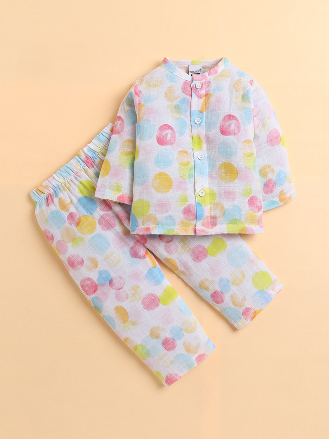 Polka Tots Soft Muslin Cotton Full sleeves Polka Dots print Jhabla and Pant Set - Multicolor