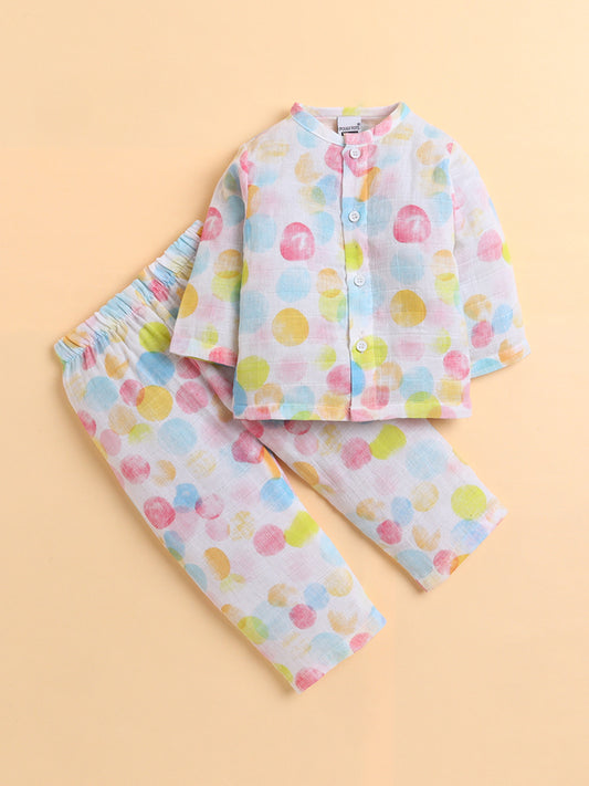Polka Tots Soft Muslin Cotton Full sleeves Polka Dots print Jhabla and Pant Set - Multicolor