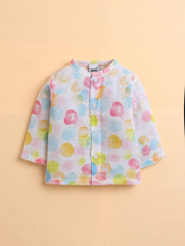 Polka Tots Soft Muslin Cotton Full sleeves Polka Dots print Jhabla and Pant Set - Multicolor