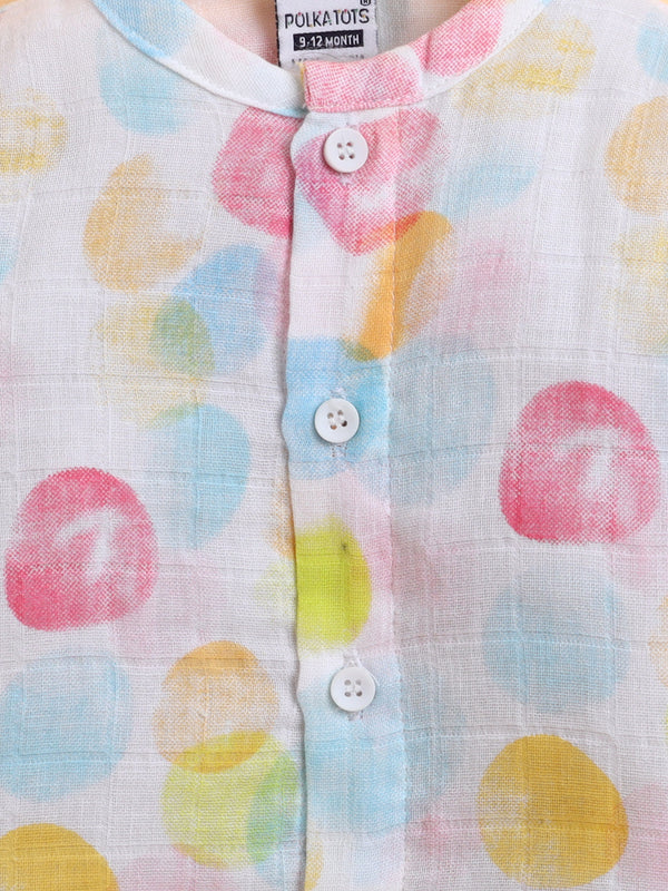 Polka Tots Soft Muslin Cotton Full sleeves Polka Dots print Jhabla and Pant Set - Multicolor