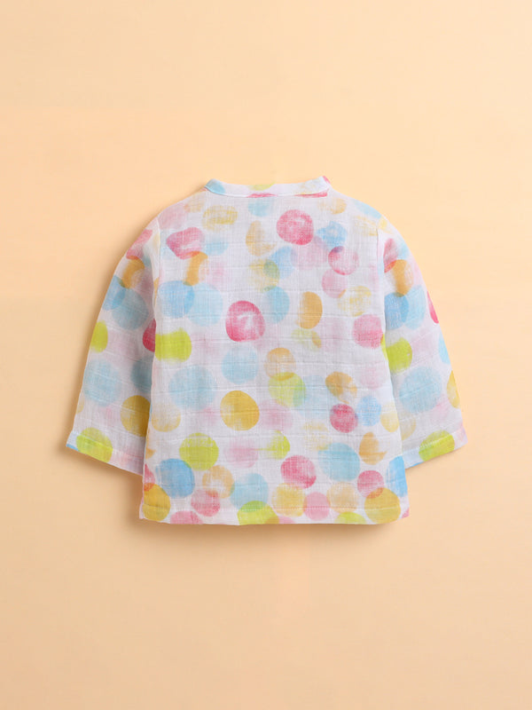 Polka Tots Soft Muslin Cotton Full sleeves Polka Dots print Jhabla and Pant Set - Multicolor