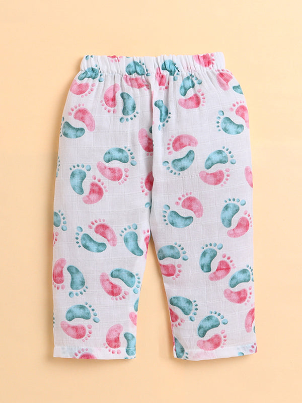Polka Tots Full sleeves Lil Feet print Jhabla and Pant Set - Pink & Blue