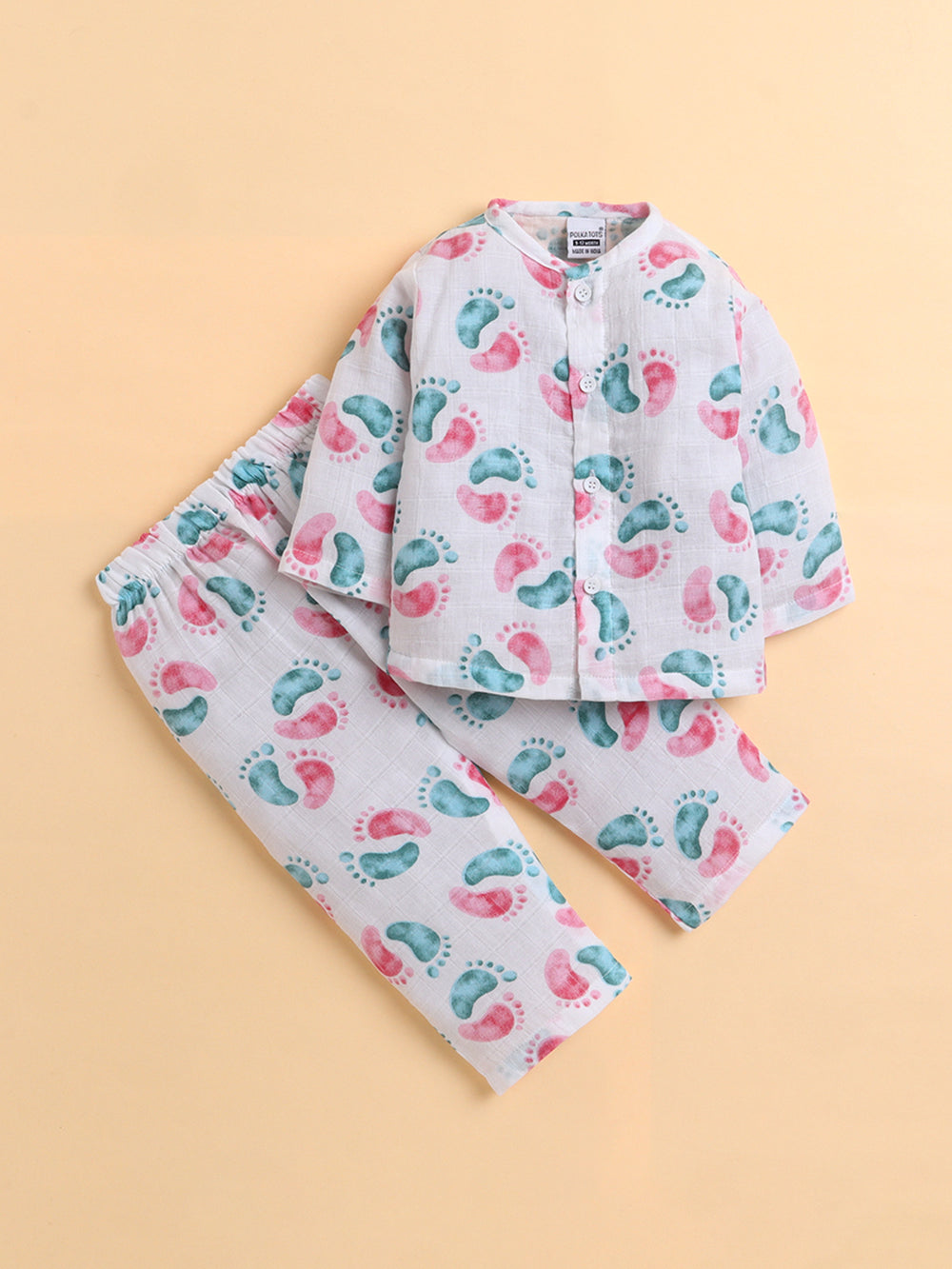 Polka Tots Full sleeves Lil Feet print Jhabla and Pant Set - Pink & Blue