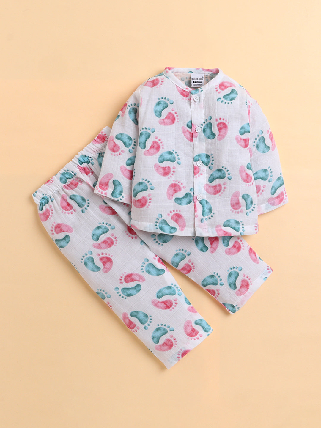 Polka Tots Full sleeves Lil Feet print Jhabla and Pant Set - Pink & Blue