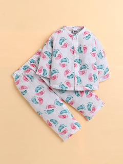 Polka Tots Full sleeves Lil Feet print Jhabla and Pant Set - Pink & Blue