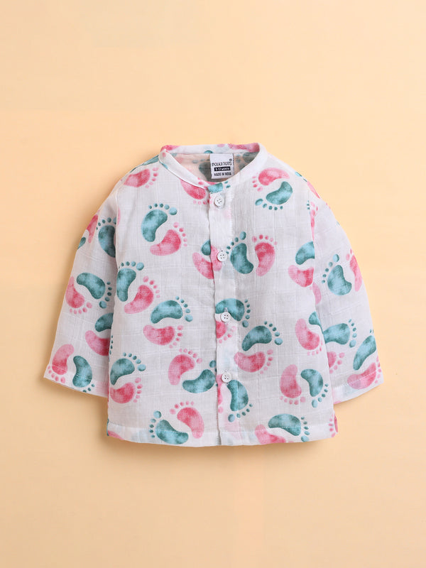 Polka Tots Full sleeves Lil Feet print Jhabla and Pant Set - Pink & Blue