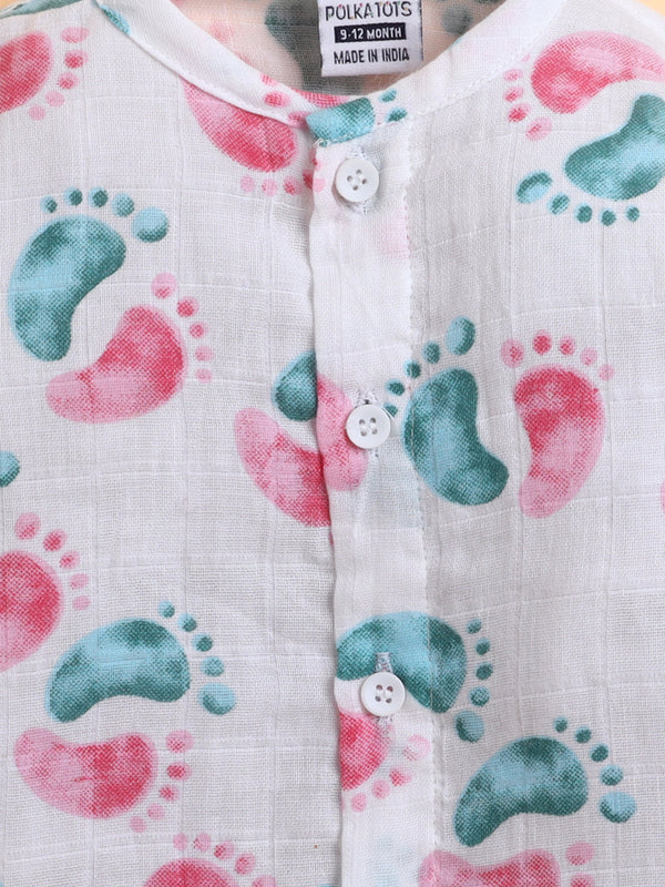 Polka Tots Full sleeves Lil Feet print Jhabla and Pant Set - Pink & Blue