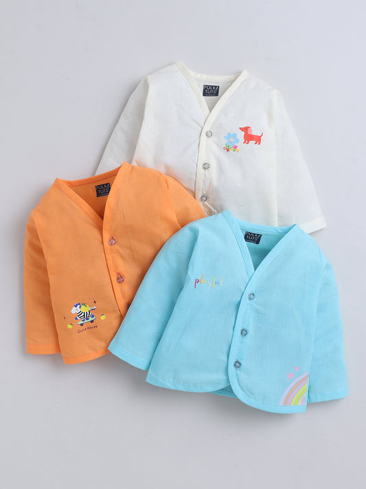 Polka Tots Soft Muslin Cotton Pack of 3  full Sleeves Baby Jhablas -multicolor