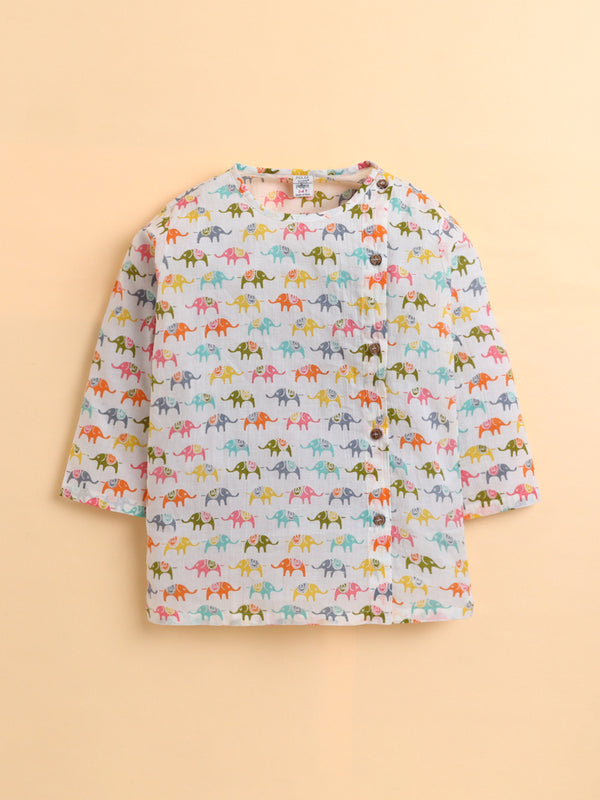 Polka Tots Full Sleeve Elephant Print Angrakha Top With Dhoti - Multicolor
