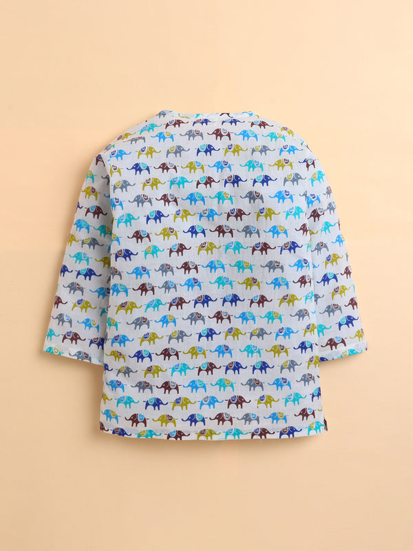 Polka Tots Cotton Full Sleeve Elephant Print Angrakha Top With Dhoti - Multicolor