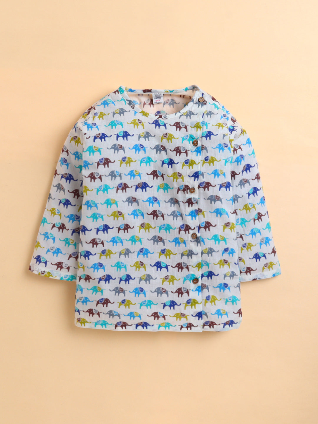 Polka Tots Cotton Full Sleeve Elephant Print Angrakha Top With Dhoti - Multicolor