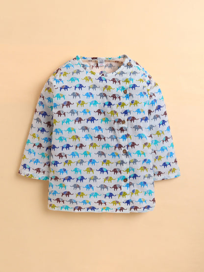 Polka Tots Cotton Full Sleeve Elephant Print Angrakha Top With Dhoti - Multicolor