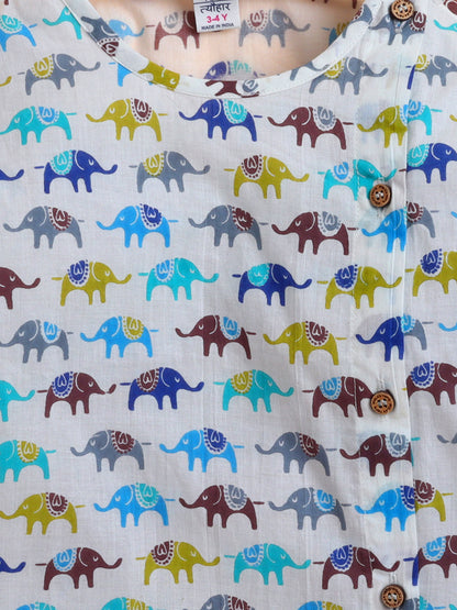 Polka Tots Cotton Full Sleeve Elephant Print Angrakha Top With Dhoti - Multicolor