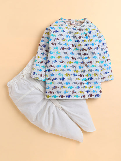 Polka Tots Cotton Full Sleeve Elephant Print Angrakha Top With Dhoti - Multicolor