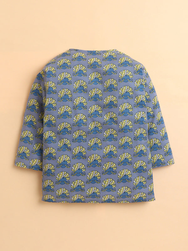 Polka Tots Cotton Full Sleeve Turban Print Angrakha Top With Dhoti - Blue