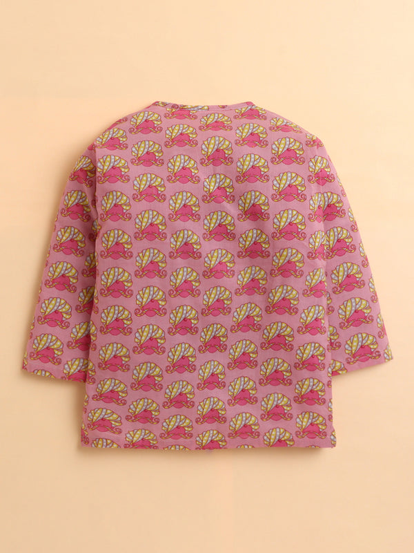 Polka Tots Full Sleeve Turban Print Angrakha Top With Dhoti - Pink
